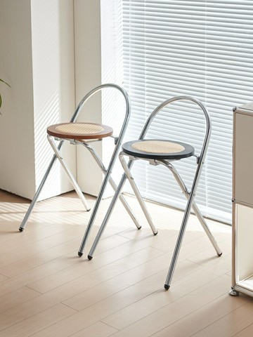 家用餐椅    日式侘寂風中古實木藤編餐椅家用簡易凳子咖啡椅復古迷你折疊椅子