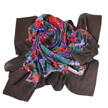 展示品-DIOR-Christian-Dior-字母LOGO圖騰繽紛花朵圖騰披肩-圍巾-咖啡底