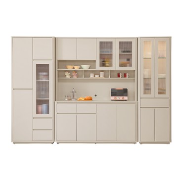 直人木業-UL莫蘭迪奶油風電器櫃上下櫥櫃收納櫃組291公分(書櫃79公分+櫥櫃組152公分+展示櫃60公分)