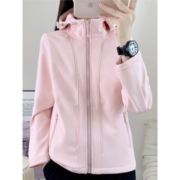2025女裝春秋季外套戶外軟殼沖鋒衣加絨連帽運動休閑拉鏈開衫衛衣