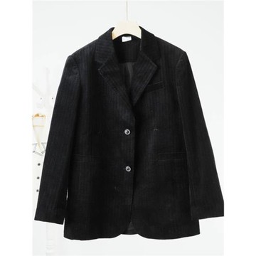 諾諾E站【町】2025春季新款 黑色墊肩復古燈芯絨西裝外套厚剪標女