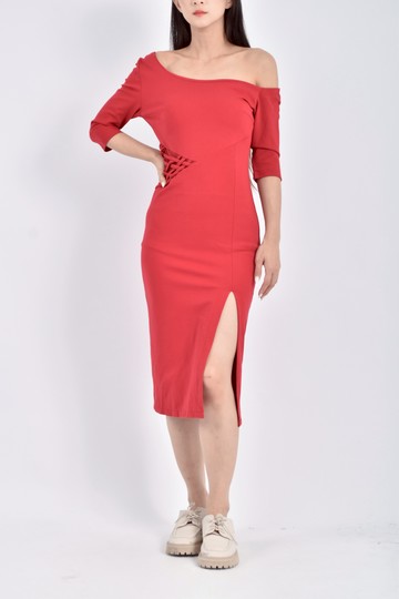 (M) zy ht短袖開岔紅色洋裝