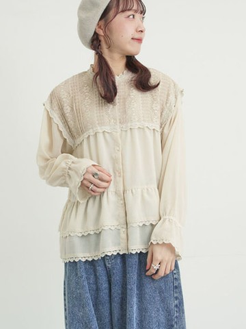 層次感蕾絲荷葉邊糖果袖排釦襯衫(0F001622910) - Samansa Mos2
