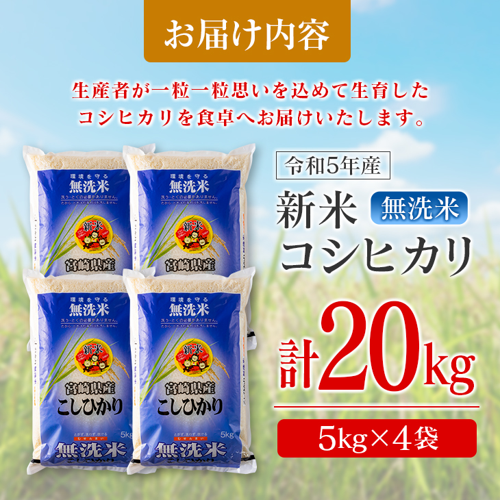 ED4-22 ≪無洗米≫新米コシヒカリ計20kg(5kg×4袋)　米　お米　ご飯　国産