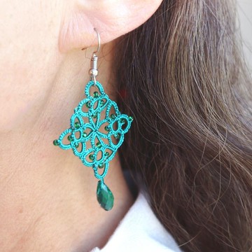 塔丁蕾絲耳環 - Rhombus - 翡翠綠