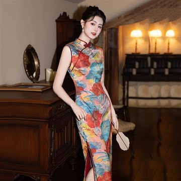 【米蘭精品】現貨+預購 新中式改良旗袍連身裙長裙A字裙百褶裙子大碼洋裝休閒女裝-無袖國風新款修身74mb47