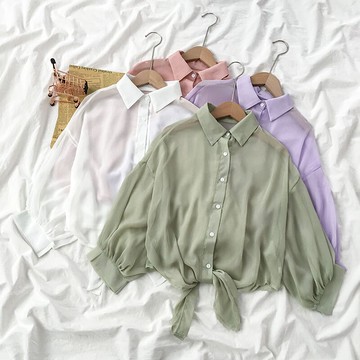 綠色雪紡襯衫女新款打底衫夏季薄款防曬開衫外套空調衫上衣