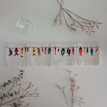 Dried fishes coaster set 4 PCS hand embroidered cottonfabric