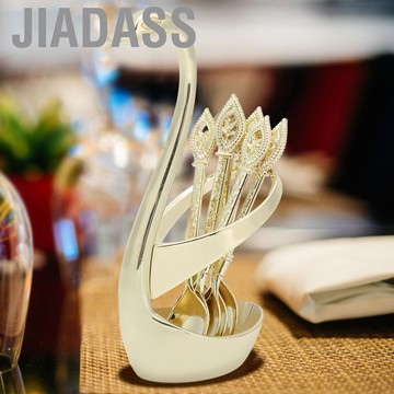 Jiadass Jiadass家居時尚優雅的不銹鋼甜點湯匙餐具套件帶有天鵝形持有者（黃金）