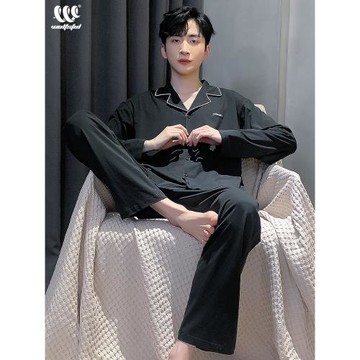 男士春秋季款純棉長袖睡衣簡約可外穿休閑開衫寬松大碼家居服套裝