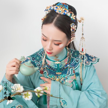 清月鹿鳴原創景泰藍大發冠掩鬢挑牌后壓瓔珞燒藍明制漢服發飾全套