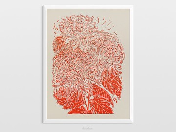 紅色日本菊花 Linocut 印刷植物牆藝術插圖