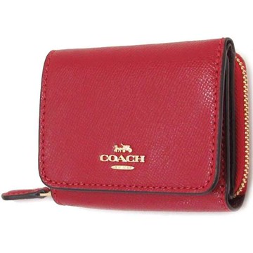 【COACH】素面防刮皮革三折短夾-紅色