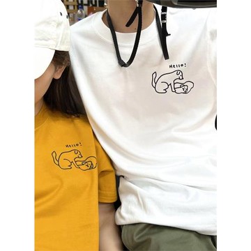 買夢想的奶奶鵝黃色白色hello狗狗hey狗狗純棉情侶裝短袖印花tee