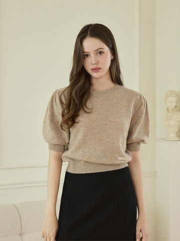 100% 喀什米爾羊絨 泡泡袖短袖針織衫 - 米白/灰