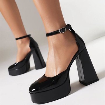 歐美風一字式包頭中空粗跟單鞋漆皮防水臺高跟鞋四季鞋大碼44-48