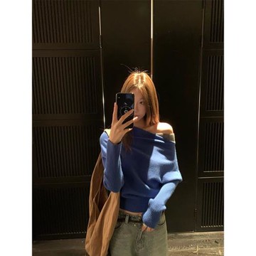 斜肩親膚毛針織衫女新款甜辣設計感春秋冬三季通用內搭打底衫上衣