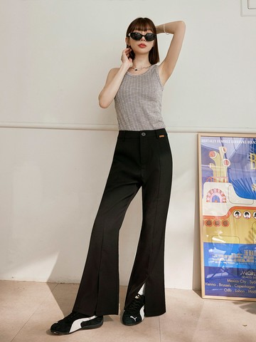 時髦修身褲腳開衩微喇叭落地褲