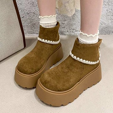 白鳥麗子 [現貨快出] 厚底靴 甜美絨布反摺刺繡包邊拉鍊圓頭短靴