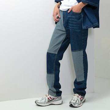 對比拼接 斜口袋 丹寧牛仔褲