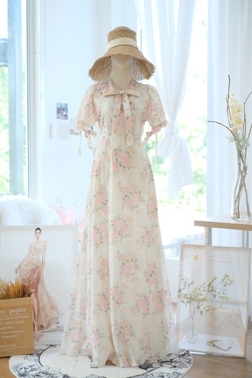 100% 純棉碎花長洋裝 泡泡袖設計 復古洋裝