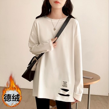 磨毛白色長袖T恤女秋冬裝洋氣內搭中長款衛衣疊穿圓領百搭打底衫