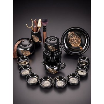 (免運)木葉盞功夫茶具套裝家用客廳整套陶瓷辦公室會客懶人石磨自動茶具