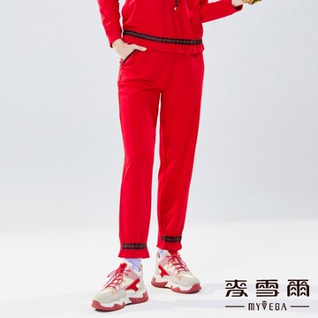 MYVEGA麥雪爾 金蔥撞色織邊長褲休閒套裝下身-紅（上下身分開販售）