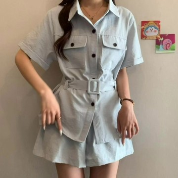 0275L_大尺碼女裝翻領襯衫短褲兩件女裝腰帶收腰短袖上衣時尚套裝女