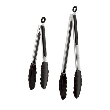 耐熱矽膠食物夾/牛排夾/料理夾/烤肉夾/麵夾/餐夾2件組 9寸+12寸  1組  黑色 + 銀色