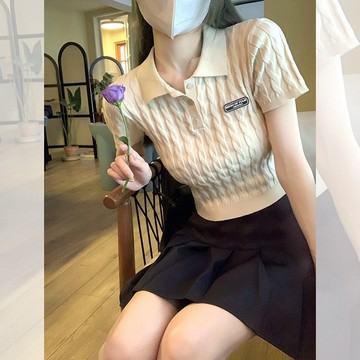 9號倉庫 女士翻領POLO衫 短袖POLO衫 夏季短款 辣妹上衣 2024新款 法式polo衫 針織短袖 t恤女 上衣女