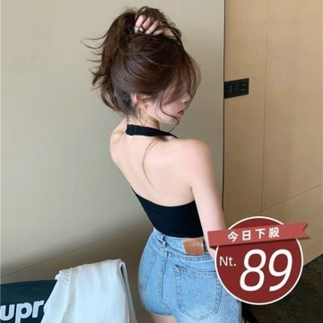 D. Studio 台灣發貨韓版彈性顯瘦修身短款掛脖背心 小可愛 背心 衣服 女裝 上衣V276