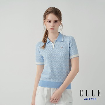 【ELLE ACTIVE】女款 清新條紋針織POLO領短袖上衣-淺藍色 (EA25S1W5107-31)