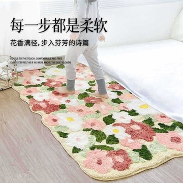 粉色花朵長條植絨簇絨地毯客廳沙發臥室床邊毯加厚毛絨地墊飄窗墊