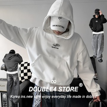 【DOUBLE4】BOXY 寬短帽t 內刷毛 金屬別針 刺繡 不掉毛 挺版 短版帽t 男女 2542
