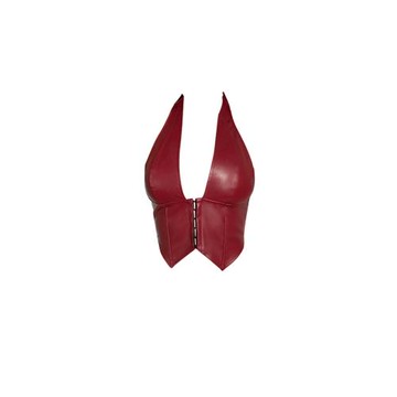 紅色性感PU皮掛脖吊帶背心女夏外穿歐美排扣菱形設計收腰系帶上衣