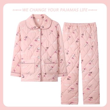 北極絨睡衣女冬季加厚純棉三層夾棉媽媽套裝秋冬天大碼保暖家居服