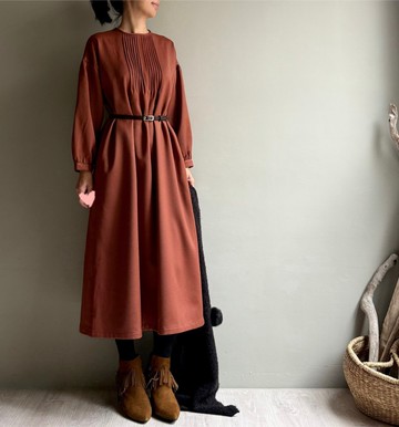 親愛的王妃/風琴摺領口法國毛料長袖長版洋裝/全羊毛WOOL