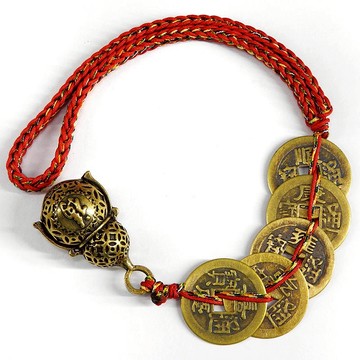 【吉祥開運坊】銅鈴五帝錢【鎮宅 保平安又招財 招財五帝錢+鎮宅銅鈴 葫蘆型銅鈴五帝錢1串 】開光 淨化