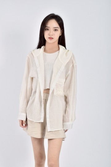 (F) seven質感透膚連帽排扣白色綁帶外套