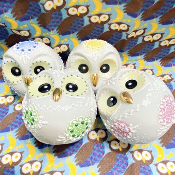 【九谷燒】手工2.2白盛貓頭鷹(黃/粉/藍)