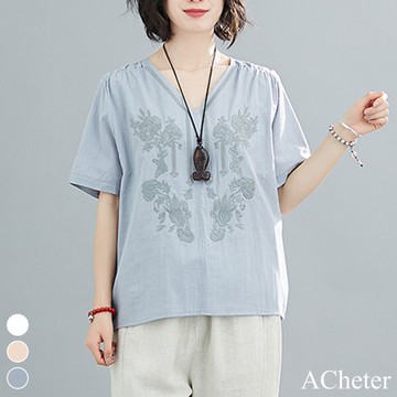 【ACheter】舒活V領棉麻原色繡花寬鬆上衣# 106762(現貨+預購)