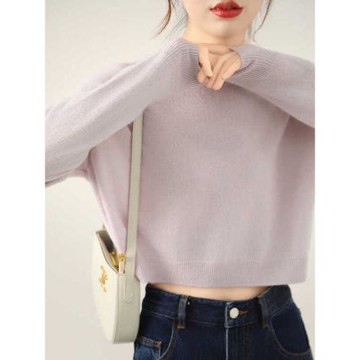 圣巖  100%純山羊絨圓領短款打底衫女短款高腰針織上衣外穿內搭