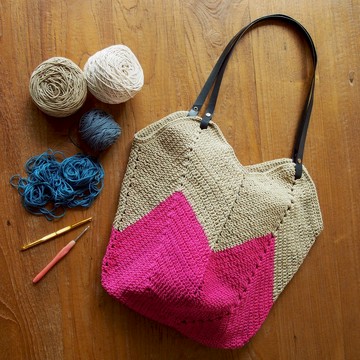手工鉤編包 Granny Square Shopping Bag 自然色，粉紅色