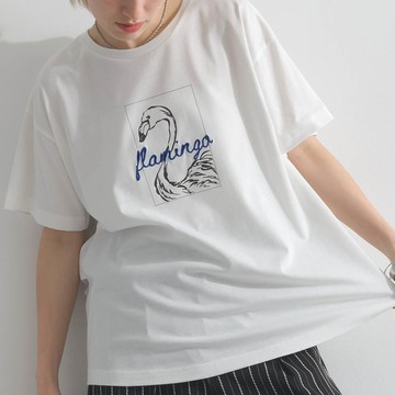 日本 le colis - 接觸冷感 紅鶴刺繡印花休閒上衣-白