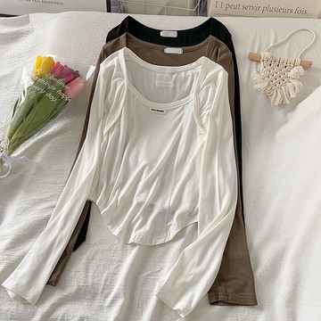 辣妹純欲風方領長袖T恤女年早秋新款弧形下擺百搭打底衫上衣