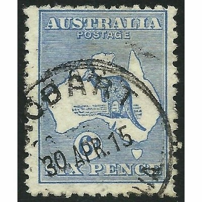 切手 AUSTRALIA - 1913 ROO 1st Wmk 6d 'BLUE' Die IIA SUBST. CLICHE + CERT. FU