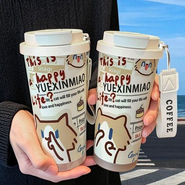 ❤️限時優惠❤️月薪喵水杯咖啡杯 月薪喵保溫杯 不鏽鋼吸管雙飲大容量咖啡水杯 學生水杯喝水杯辦公杯 咖啡杯吸管保溫水杯