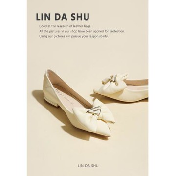 【林大叔】蝴蝶結尖頭平底鞋女2025秋新款淺口粗跟低跟單鞋米白色