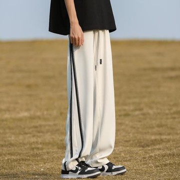街頭復古側面拼接運動休閑褲女春季潮牌寬松闊腿百搭直筒垂感長褲